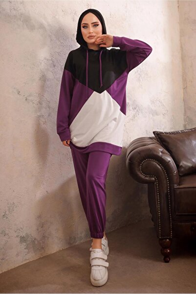 TRENDTESETTÜR Women's Purple Hooded Elastic Waist Double Pants Set T 5092