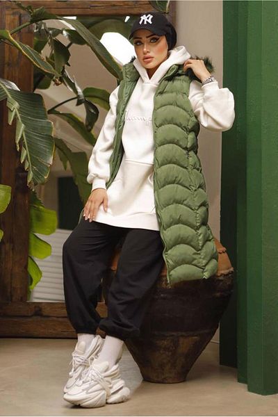 TRENDTESETTÜR Women's Green (agle) Hooded Fur Puffer Vest 7429