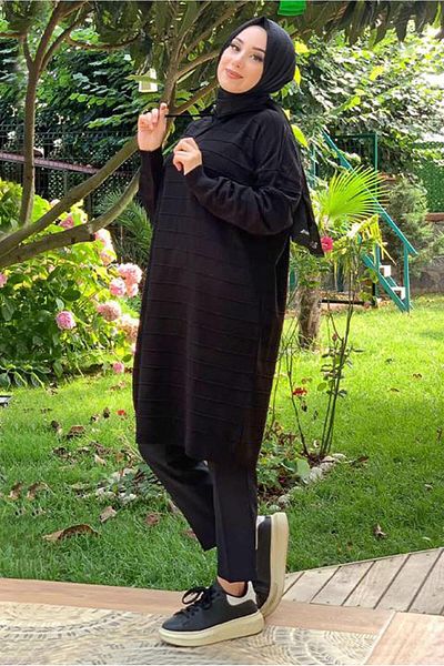 TRENDTESETTÜR Women's Black Striped Hooded Knitwear Tunic 7634