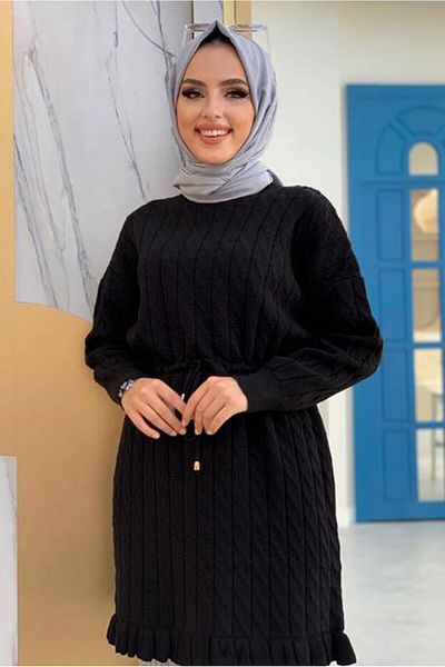 TRENDTESETTÜR Women's Black Gathered Waist Knitwear Tunic 8216