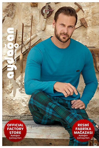 Aydoğan Ανδρικό σετ πιτζάμες τιρκουάζ ζακάρ 100% βαμβακερό - λαιμόκοψη, μακρυμάνικο - C1-4 - 3385 - Aydogan ®