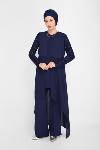 TRENDTESETTÜR Γυναικείο τριπλό παντελόνι με παγιέτες Navy Blue Sequins. Ο ομιλίας 30036