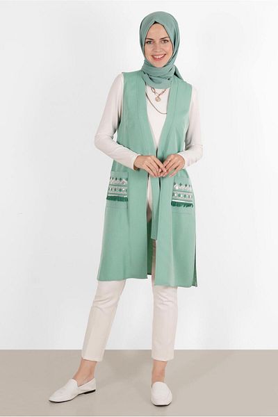TRENDTESETTÜR WOMEN'S GREEN (MINT) POCKETS EMBROIDERED VEST 40848