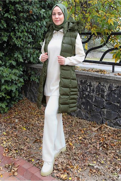 TRENDTESETTÜR Women's Khaki Zippered Hooded Puffer Vest 4040