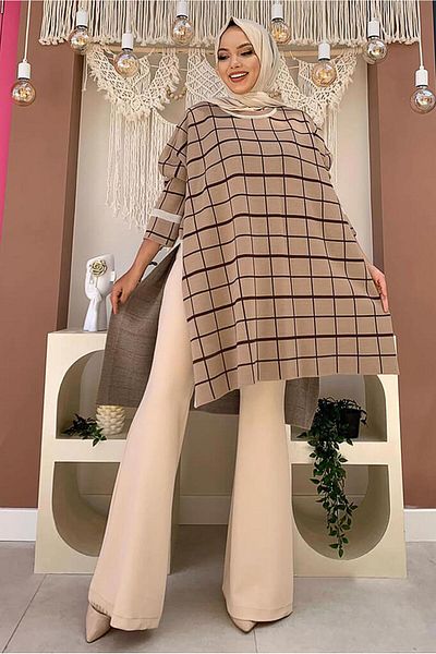 TRENDTESETTÜR Γυναικείο πλεκτό με καρό μοτίβο Tan Poncho 71222