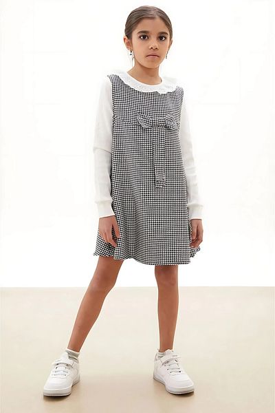 Mevsim Butik Festive Black Houndstooth Patterned Girl's Badi Dress with Bow