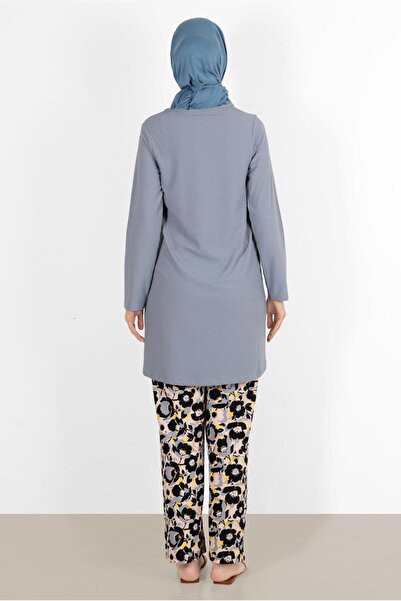 TRENDTESETTÜR WOMEN'S GRAY FLOWER PATTERNED DOUBLE PANT SET 5176