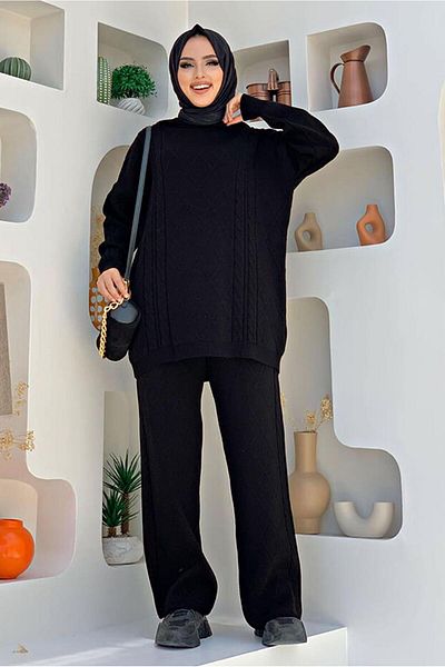 TRENDTESETTÜR Women's Black Diamond Patterned Knitwear Suit with Trousers 6216