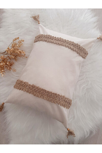 zümal tekstil tasarım Makrome Örgü Keten Dekoratif Kırlent Kılıfı Tekli -Yastık 35X50  Cm (Renk Vizon )