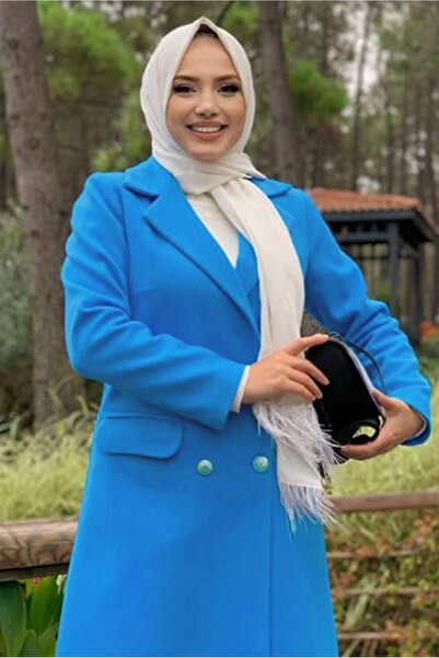 TRENDTESETTÜR Жіночий синій пальто з кружевим коміром і ґудзиками 0677