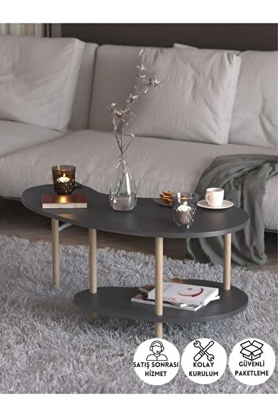 PEKA Fasülye Orta Sehpa Ahşap Ayaklı Sehpa Iki Raflı Sehpa Dekoratif Sehpa Gazetelikli - Antrasit