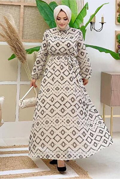 TRENDTESETTÜR Γυναικείο φόρεμα σιφόν με μπεζ σχέδιο 0863