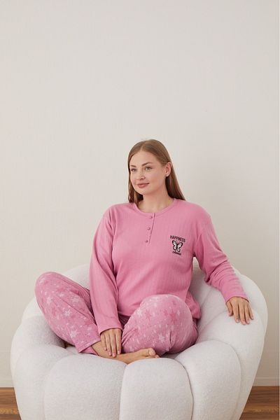 Eyfuze Women's Winter Plus Size Curve Embroidered Patterned Collar Buttoned Long Sleeve Pajama Set
