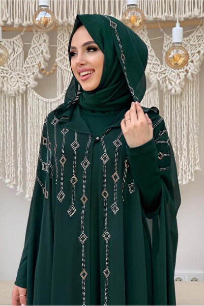 TRENDTESETTÜR Kadın Yeşil (ZÜMRÜT) Kapüşonlu Taş Işlemeli Ikili Abayalı Takım T 9773