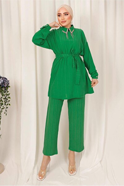 TRENDTESETTÜR Green Beneton Women's Trousers Set - Stone Detailed Collar t 2103