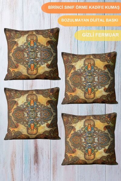 CİMENS Asian Patterned Mustard Colored 4-Piece Digital Printed Gift Sofa Set