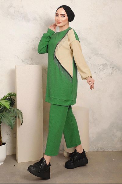 TRENDTESETTÜR Γυναικείο Πράσινο (BENETTON) Σετ Παντελόνι Δίχρωμο με Λεπτομέρεια Αλυσίδας T 9403