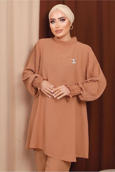 TRENDTESETTÜR WOMEN'S ORANGE (PEACH) BROOCHE DETAILED SLEEVE PLEATED PANT SUIT T 6213