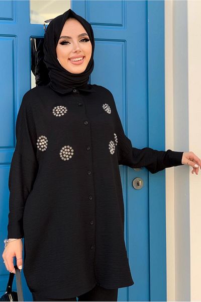TRENDTESETTÜR Women's Black Stone Detailed Buttoned Double Pants Suit T 3048
