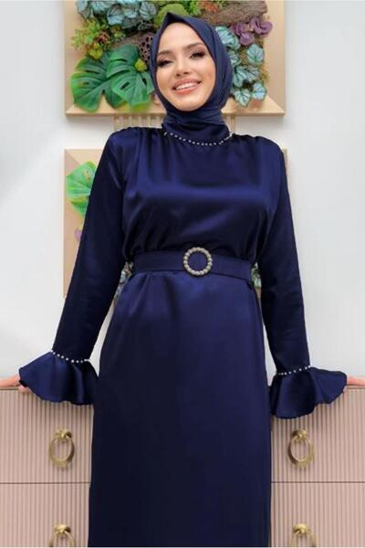 TRENDTESETTÜR KADIN LACİVERT İNCİ DETAYLI KEMERLİ SATEN ABİYE ELBİSE T 3973