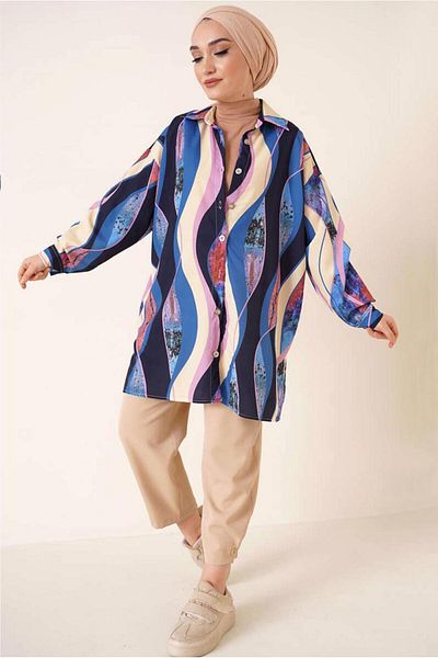 TRENDTESETTÜR WOMEN'S NAVY BLUE PATTERNED SHIRT TUNIC T 3988