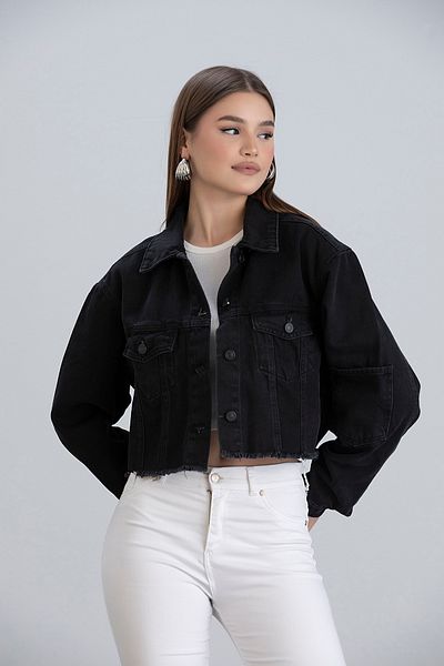 sea milano Jachetă de blugi crop din denim cu buzunar dublu cu ciucuri negre pentru femei