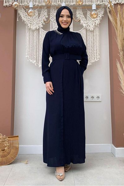 TRENDTESETTÜR Γυναικείο φόρεμα με πλισέ με γιακά μπλέ Navy Jeweled - T 5283