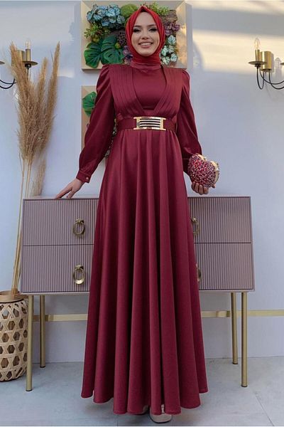 TRENDTESETTÜR Γυναικείο βραδινό φόρεμα με μπορντό ζωνές με λεπτομέρεια σατέν T 2973