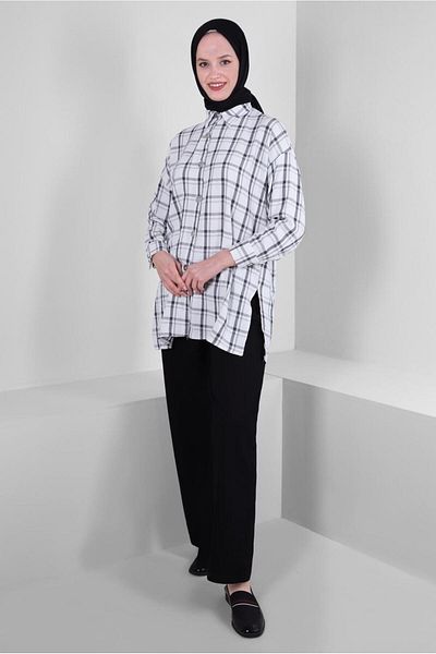 TRENDTESETTÜR Women's Gray Square Patterned Buttoned Tunic T 1436