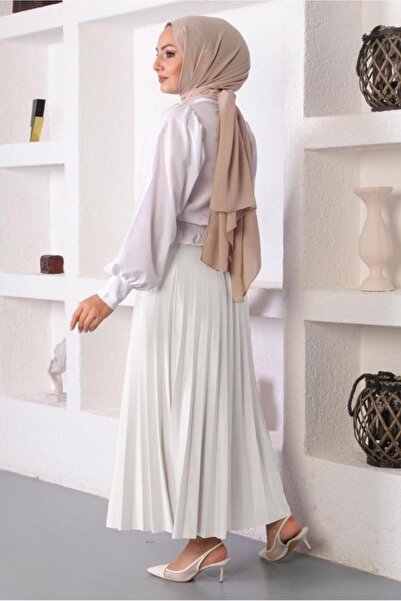 TRENDTESETTÜR WOMEN'S WHITE PLEATED ELASTIC WAIST SKIRT T 8354