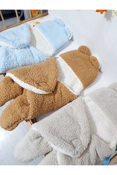 bebek_iklimi Baby Outer Swaddle Wrap Blanket Brown - Welsoft Hooded Double Layer Footed Model