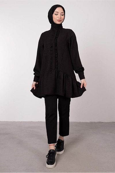 TRENDTESETTÜR Women's Black Ruffle Detailed Flounce Tunic T 8985