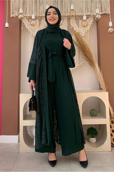 TRENDTESETTÜR بدلة نسائية باللون الأخضر (الختم) مزينة بالدانتيل بذلة مزدوجة T 2873