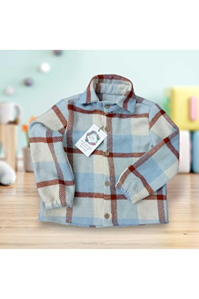 ykr design Ekose Kaşe Kışlık Erkek Çocuk Mavi Bordo Çizgili Gömlek