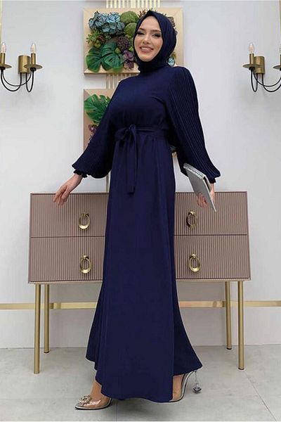 TRENDTESETTÜR Γυναικείο φόρεμα Navy Blue πλισέ με ζώνη - T 1383