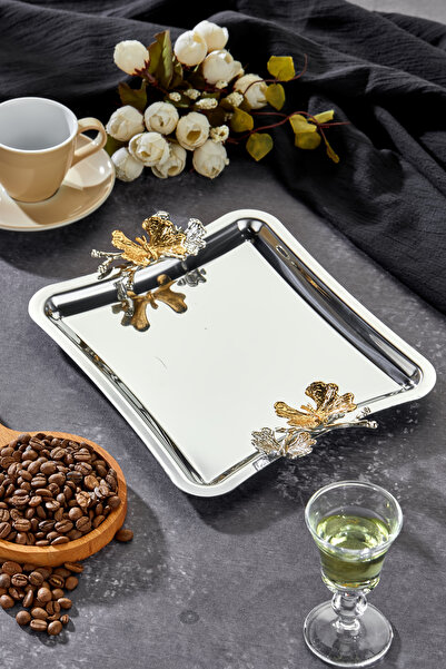Turkco Elegante Square Serisi, Duo Volo Prezioso Kulp Desenli Krom Sunum Söz Nişan Tepsisi, 22cm, Tek Adet