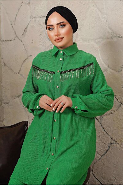 TRENDTESETTÜR Women's Green (BENETTON) Chain Detailed Buttoned Double Pants Suit T 5203