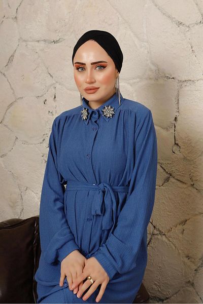 TRENDTESETTÜR Γυναικείο σετ παντελονιού Navy Blue (INDIGO) με καρφίτσα και διπλό παντελόνι T 60003