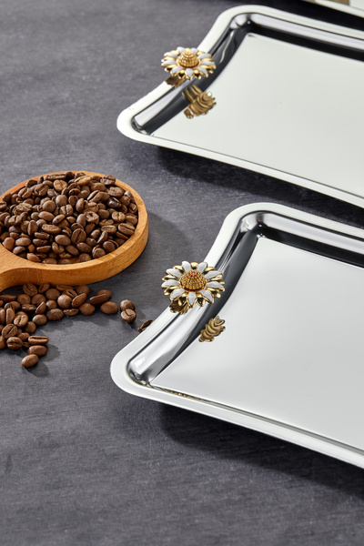 Turkco Duo Bella Flora Square Presentation Tray - Chrome, Handle Pattern, 22X16Cm, 3 Pieces