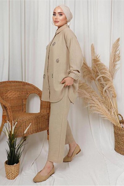 TRENDTESETTÜR WOMEN'S BEIGE PEARL STONE DETAILED DOUBLE PANT SUIT T 1133