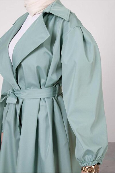 TRENDTESETTÜR Women's Blue (AQUA) Elastic Cuffs Belted Trench Coat T 9285