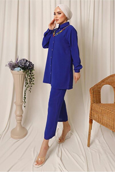 TRENDTESETTÜR Women's Navy Blue (SAKS) Colored Chain Detailed Buttoned Trousers Suit T 8303