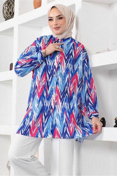 TRENDTESETTÜR WOMEN'S NAVY BLUE (SAX) PATTERNED SHIRT TUNIC T 7888