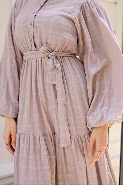 TRENDTESETTÜR Powder Colored Balloon Sleeve and Belted Loose Women's Dress - T 08002