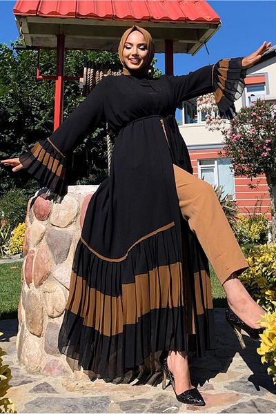 TRENDTESETTÜR Γυναικείο μαύρο πλισέ Λεπτομερές Flounced Abaya T 4547