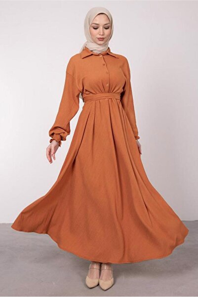 TRENDTESETTÜR Women's Orange (orange) Belted Cuffs Elastic Dress T 8585