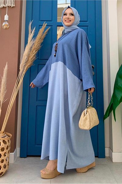 TRENDTESETTÜR Women's Blue Two-Color Bat Sleeve Casual Dress T 4083