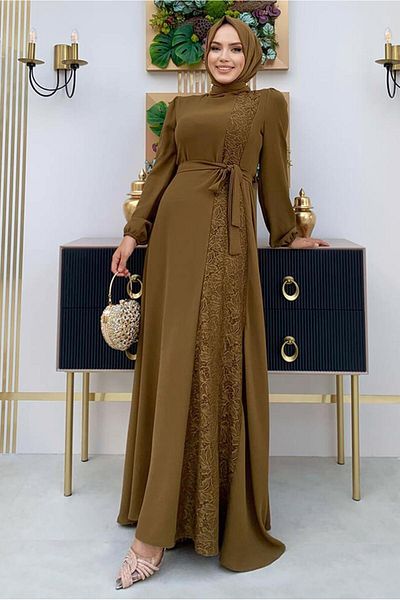 TRENDTESETTÜR Γυναικείο φόρεμα Tan Lace με λεπτομέρεια και φύλλο - T 5673