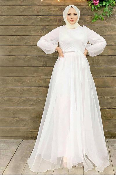 TRENDTESETTÜR Women's Ecru Belted Tulle Evening Dress T 4693