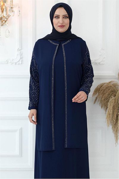 TRENDTESETTÜR Rochie de seară pentru femei, albastru bleumarin, cu detaliu de piatră indigo - T 4621